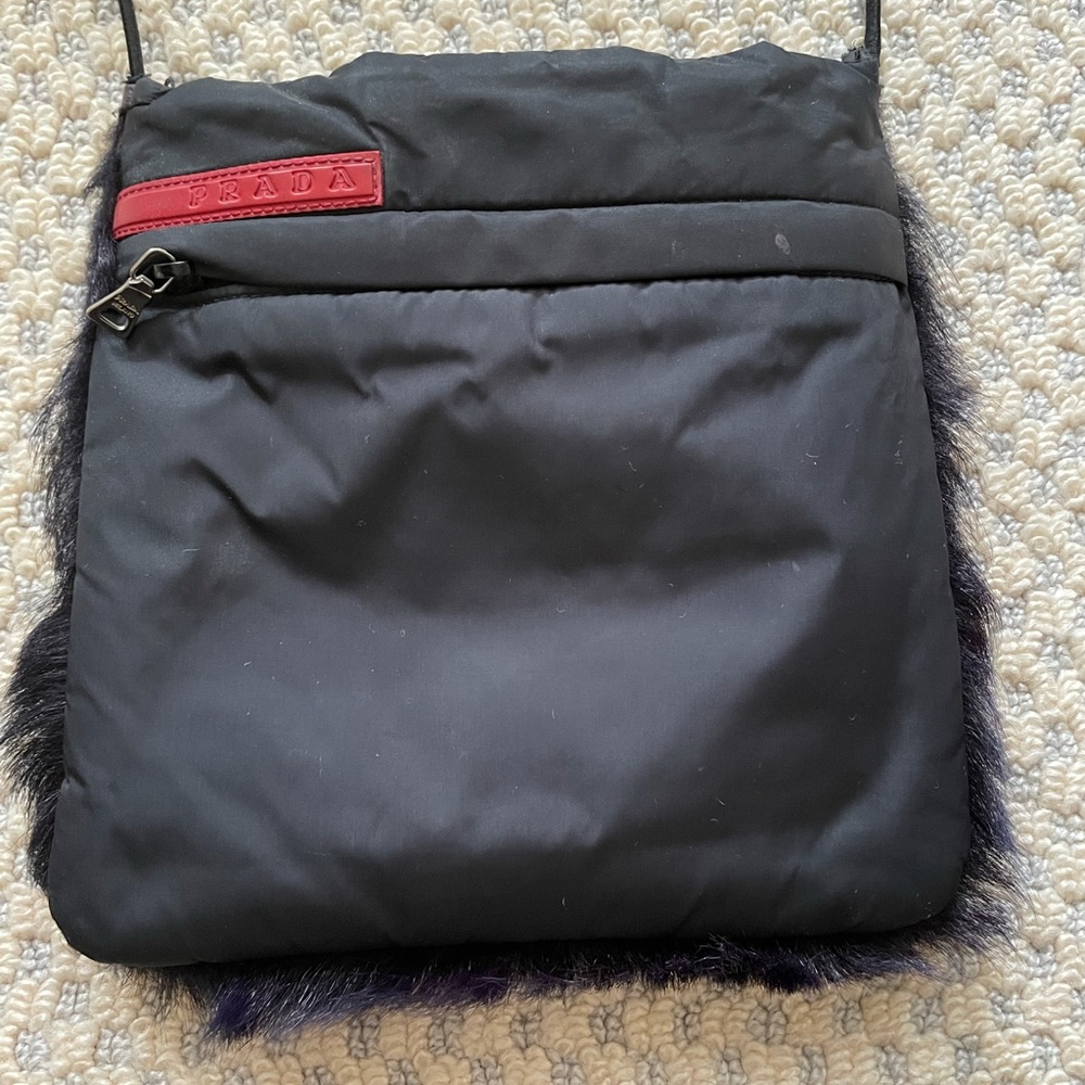 1990s-2000s Authentic Vintage Prada Sport Nylon and Fur Crossbody Bag.